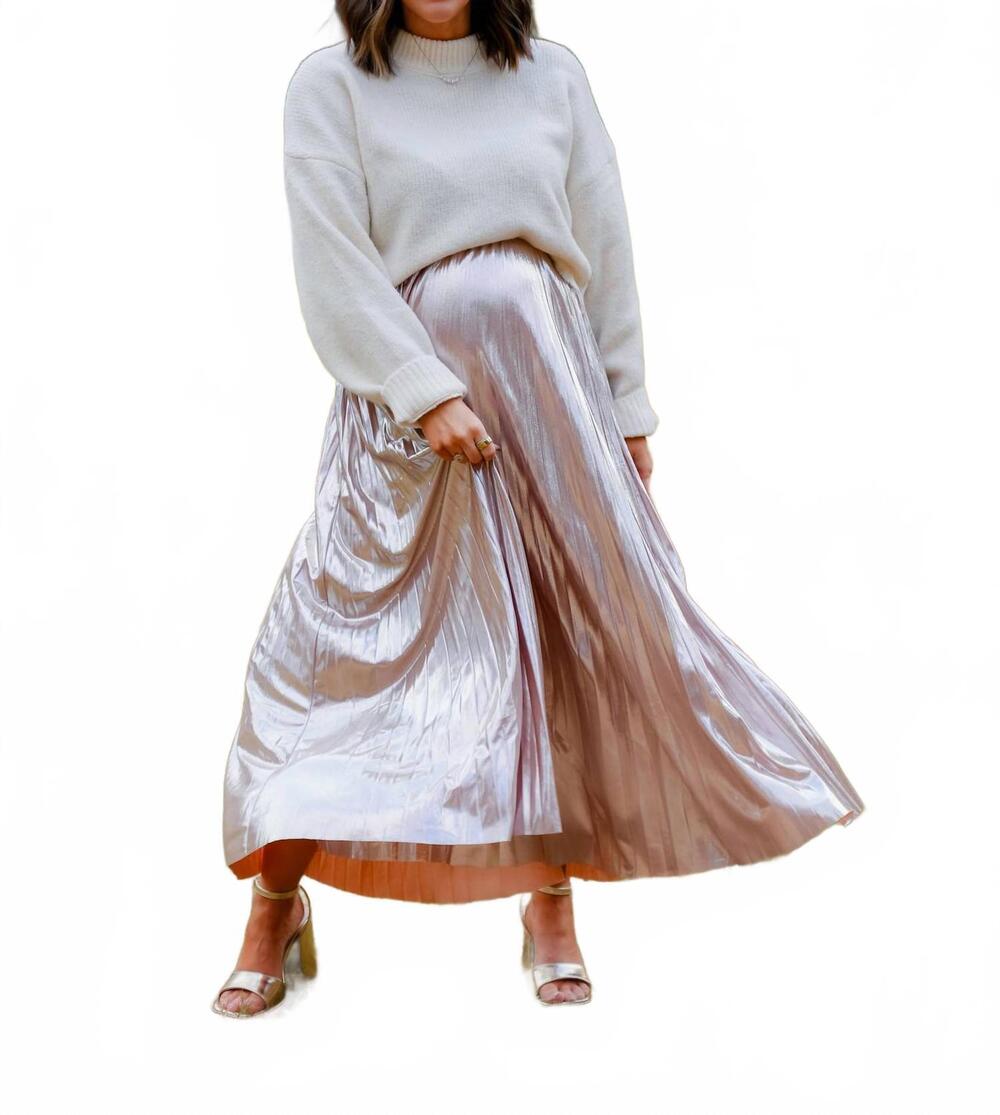NEW SOFIE THE LABEL sheen queen metallic pleated midi skirt in blush